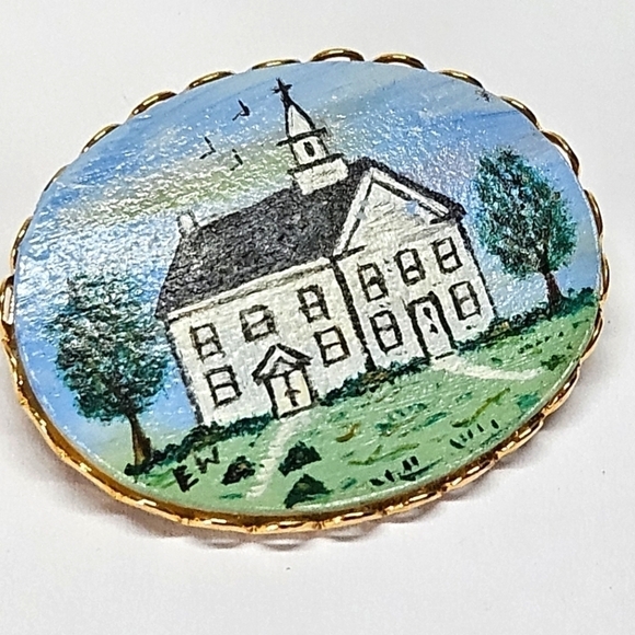 VINTAGE Hand Painted White Church Building Brooch Pin Signed EW - Picture 1 of 6